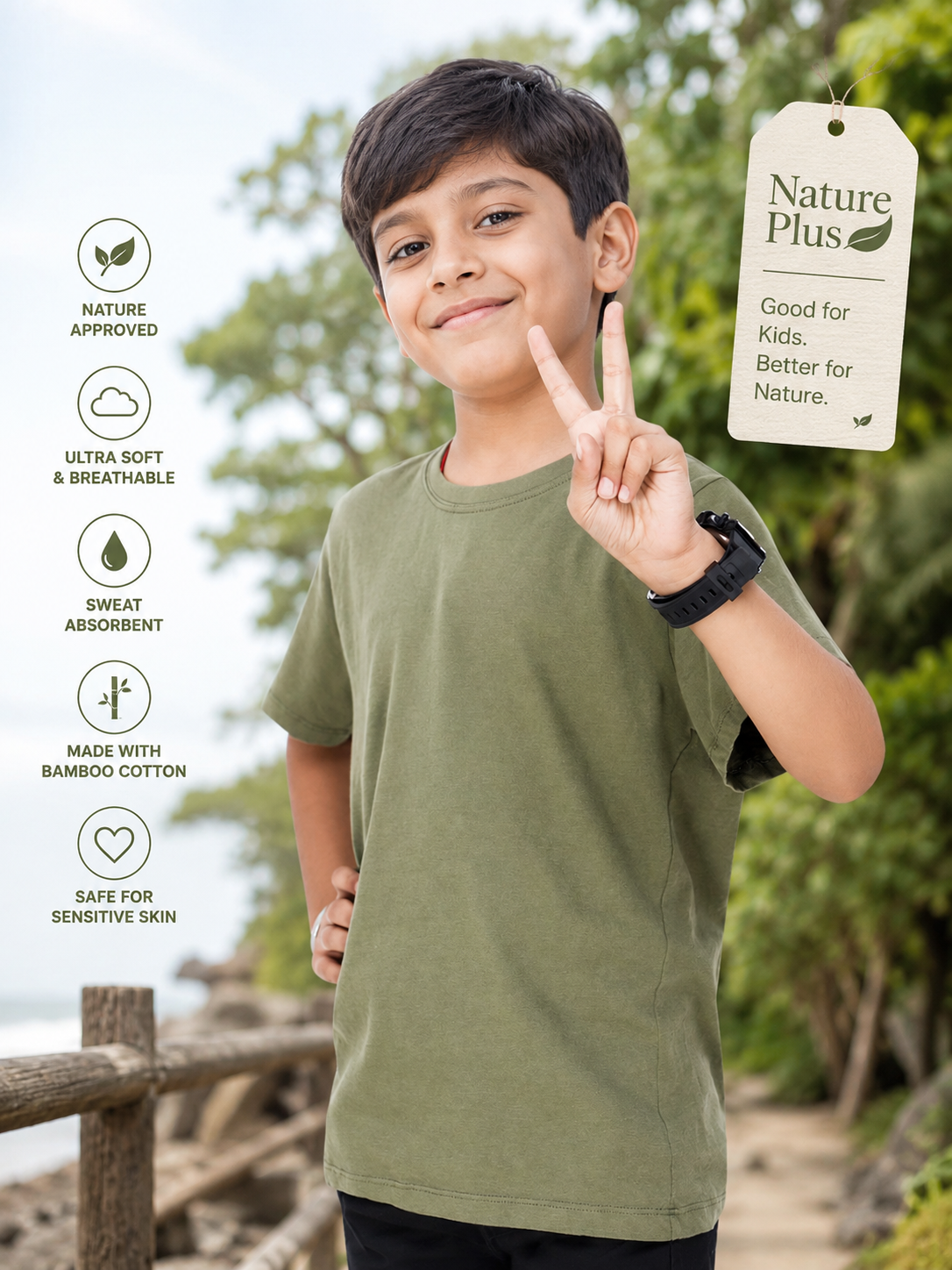 Nature Plus Kid's Lightweight Cypress Green Bamboo Half Sleeve T-Shirts Made for Indian Summers